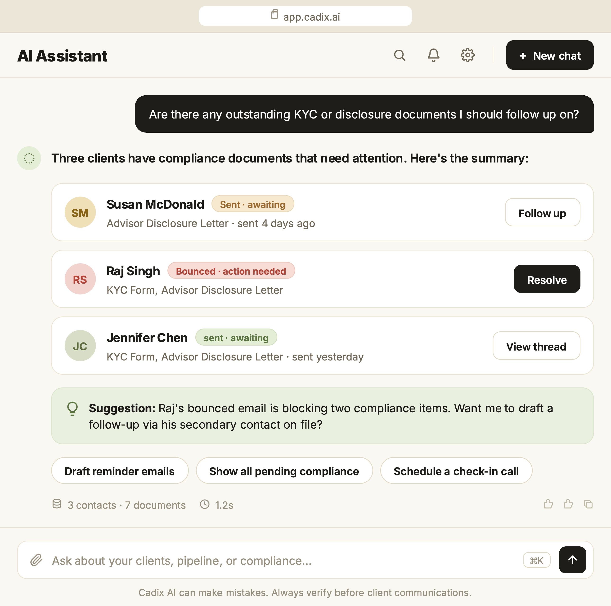 Cadix AI assistant surfacing compliance documents